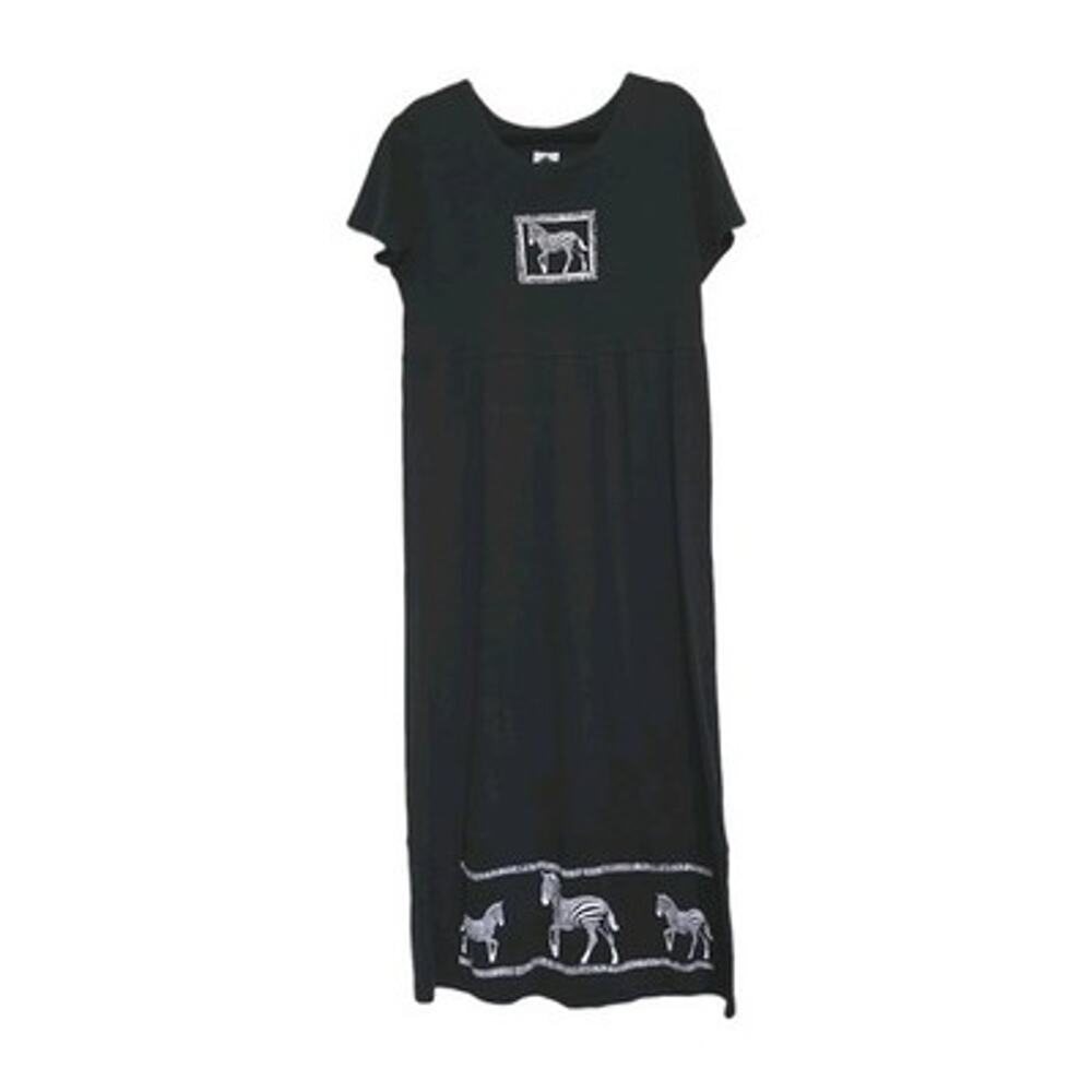 Vintage Safari Zebra Print Maxi Dress Womens L Black Boho Artsy Hippie